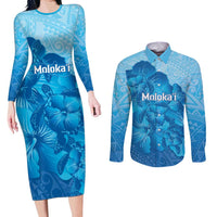 Aloha Hawaii Molokai Island Couples Matching Long Sleeve Bodycon Dress and Long Sleeve Button Shirt Hibiscus Tribal Honu Hawaiian Tattoo LT14 Blue - Polynesian Pride
