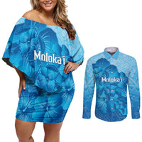 Aloha Hawaii Molokai Island Couples Matching Off Shoulder Short Dress and Long Sleeve Button Shirt Hibiscus Tribal Honu Hawaiian Tattoo LT14 Blue - Polynesian Pride