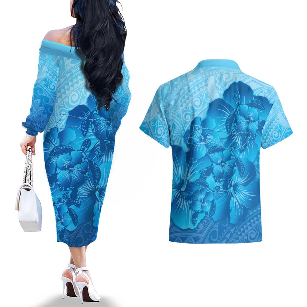Aloha Hawaii Molokai Island Couples Matching Off The Shoulder Long Sleeve Dress and Hawaiian Shirt Hibiscus Tribal Honu Hawaiian Tattoo LT14 - Polynesian Pride