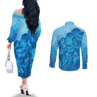 Aloha Hawaii Molokai Island Couples Matching Off The Shoulder Long Sleeve Dress and Long Sleeve Button Shirt Hibiscus Tribal Honu Hawaiian Tattoo LT14 - Polynesian Pride