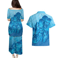 Aloha Hawaii Molokai Island Couples Matching Puletasi and Hawaiian Shirt Hibiscus Tribal Honu Hawaiian Tattoo LT14 - Polynesian Pride