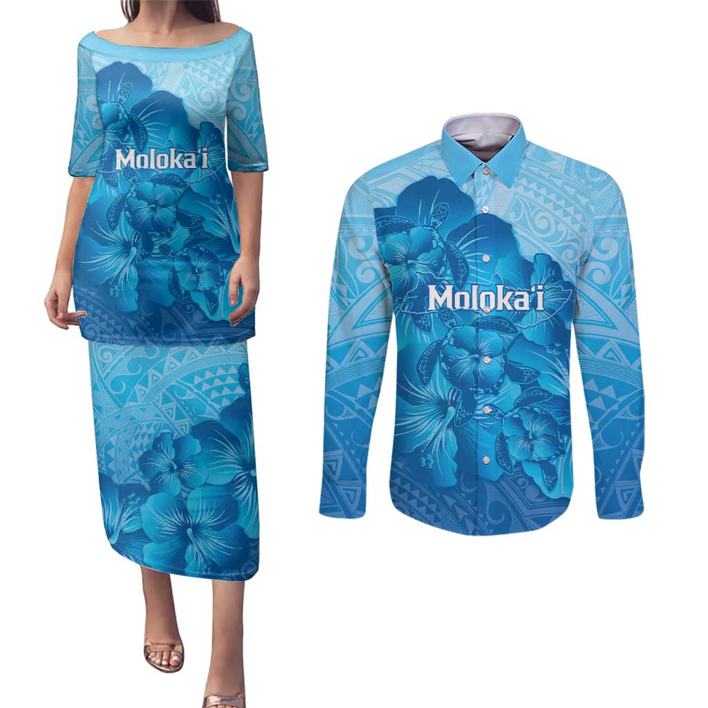 Aloha Hawaii Molokai Island Couples Matching Puletasi and Long Sleeve Button Shirt Hibiscus Tribal Honu Hawaiian Tattoo LT14 Blue - Polynesian Pride