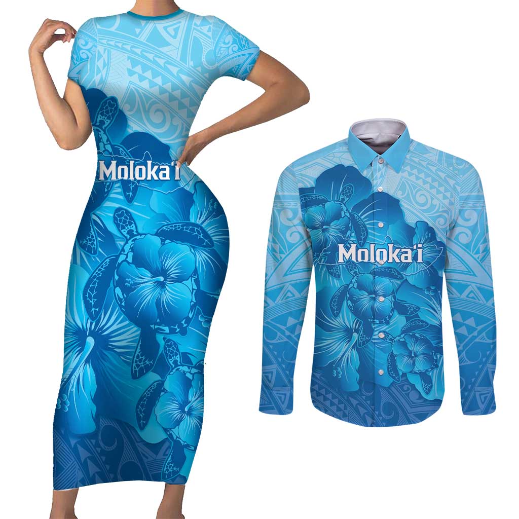 Aloha Hawaii Molokai Island Couples Matching Short Sleeve Bodycon Dress and Long Sleeve Button Shirt Hibiscus Tribal Honu Hawaiian Tattoo LT14 Blue - Polynesian Pride