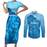Aloha Hawaii Molokai Island Couples Matching Short Sleeve Bodycon Dress and Long Sleeve Button Shirt Hibiscus Tribal Honu Hawaiian Tattoo LT14 Blue - Polynesian Pride