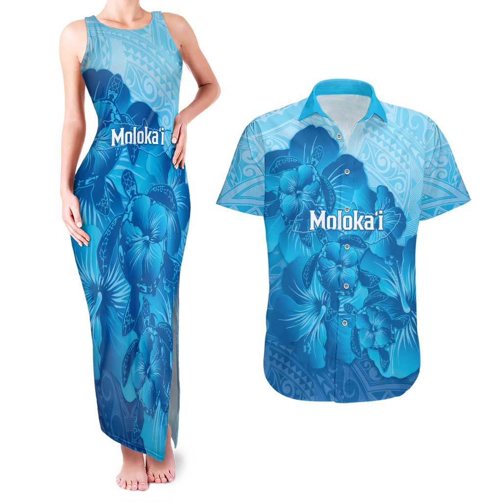 Aloha Hawaii Molokai Island Couples Matching Tank Maxi Dress and Hawaiian Shirt Hibiscus Tribal Honu Hawaiian Tattoo LT14 Blue - Polynesian Pride