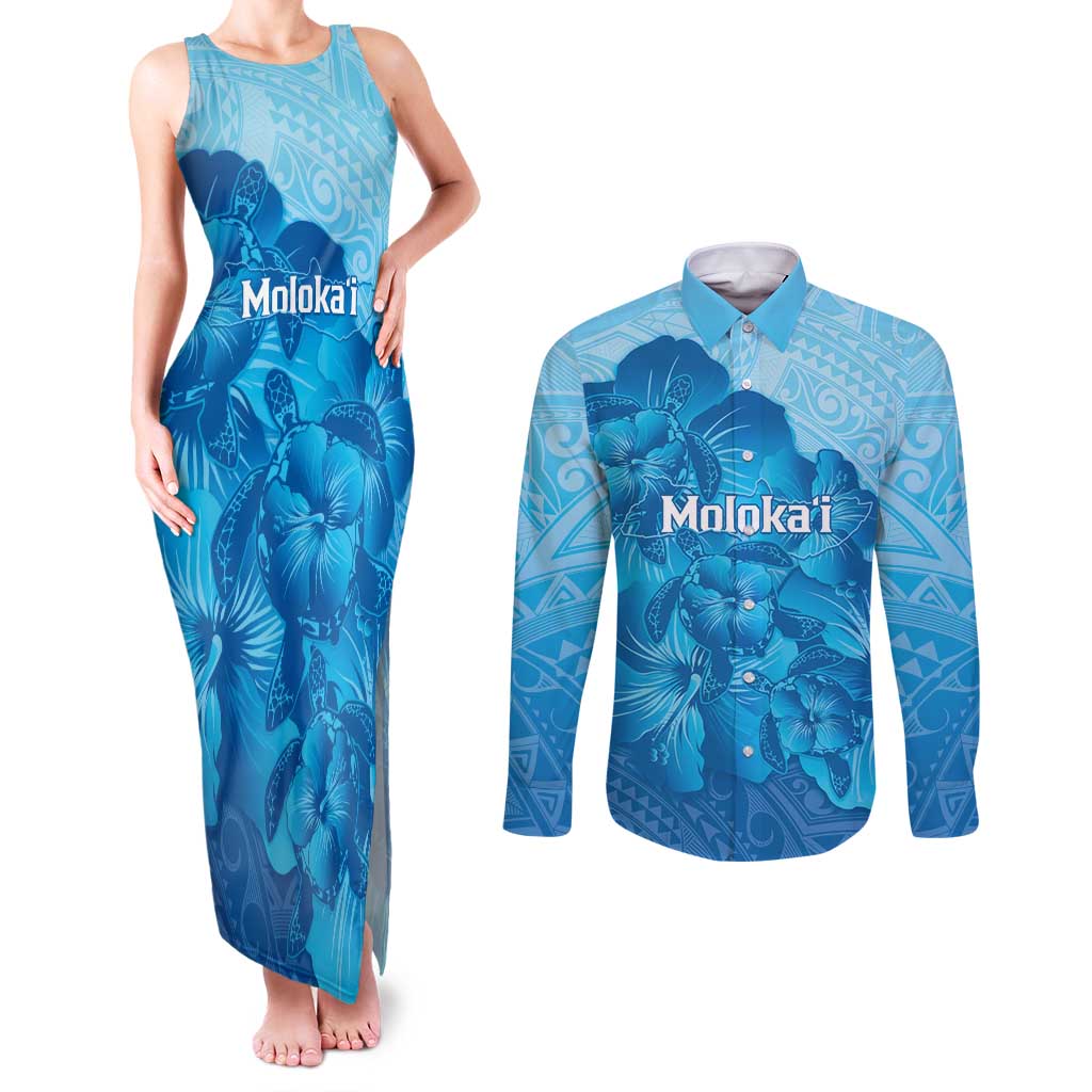 Aloha Hawaii Molokai Island Couples Matching Tank Maxi Dress and Long Sleeve Button Shirt Hibiscus Tribal Honu Hawaiian Tattoo LT14 Blue - Polynesian Pride