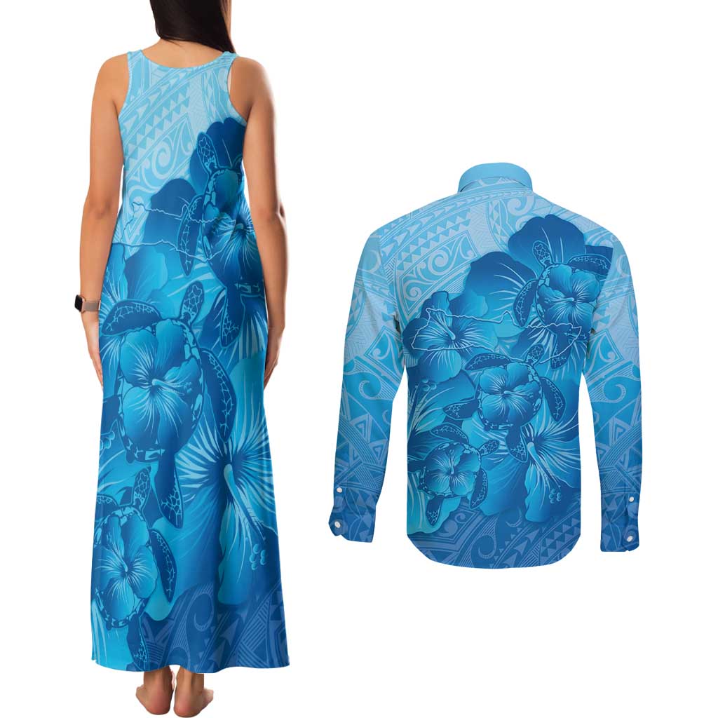 Aloha Hawaii Molokai Island Couples Matching Tank Maxi Dress and Long Sleeve Button Shirt Hibiscus Tribal Honu Hawaiian Tattoo LT14 - Polynesian Pride