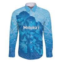 Aloha Hawaii Molokai Island Family Matching Long Sleeve Bodycon Dress and Hawaiian Shirt Hibiscus Tribal Honu Hawaiian Tattoo LT14 Dad's Shirt - Long Sleeve Blue - Polynesian Pride