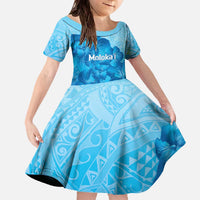 Aloha Hawaii Molokai Island Family Matching Off The Shoulder Long Sleeve Dress and Hawaiian Shirt Hibiscus Tribal Honu Hawaiian Tattoo LT14 Daughter's Dress Blue - Polynesian Pride