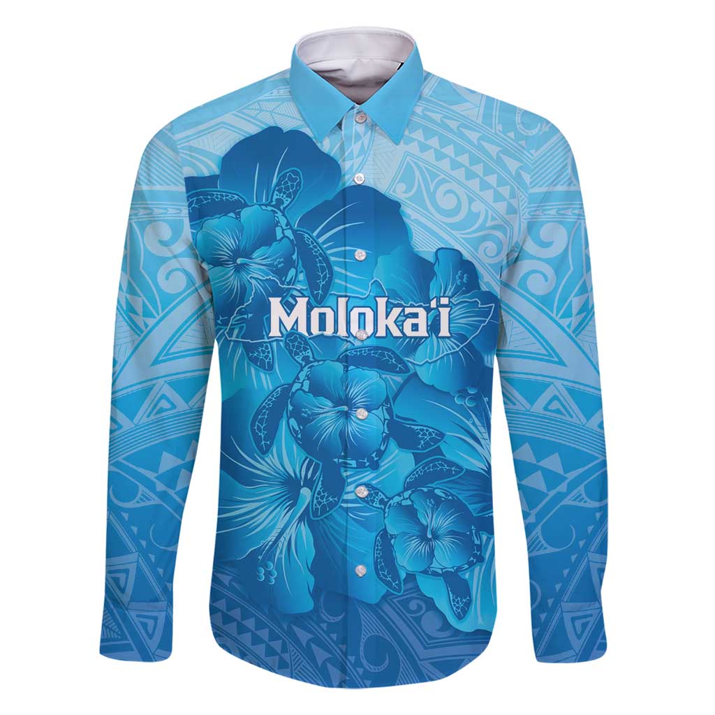 Aloha Hawaii Molokai Island Family Matching Off Shoulder Maxi Dress and Hawaiian Shirt Hibiscus Tribal Honu Hawaiian Tattoo LT14 Dad's Shirt - Long Sleeve Blue - Polynesian Pride