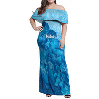 Aloha Hawaii Molokai Island Family Matching Off Shoulder Maxi Dress and Hawaiian Shirt Hibiscus Tribal Honu Hawaiian Tattoo LT14 Mom's Dress Blue - Polynesian Pride