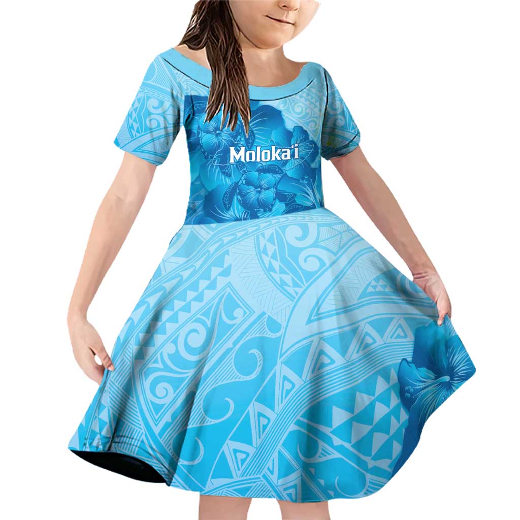 Aloha Hawaii Molokai Island Family Matching Off Shoulder Short Dress and Hawaiian Shirt Hibiscus Tribal Honu Hawaiian Tattoo LT14 Daughter's Dress Blue - Polynesian Pride