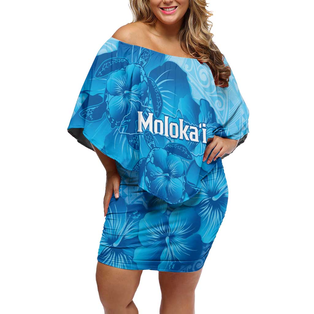 Aloha Hawaii Molokai Island Family Matching Off Shoulder Short Dress and Hawaiian Shirt Hibiscus Tribal Honu Hawaiian Tattoo LT14 Mom's Dress Blue - Polynesian Pride