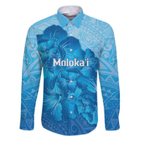 Aloha Hawaii Molokai Island Family Matching Puletasi and Hawaiian Shirt Hibiscus Tribal Honu Hawaiian Tattoo LT14 Dad's Shirt - Long Sleeve Blue - Polynesian Pride