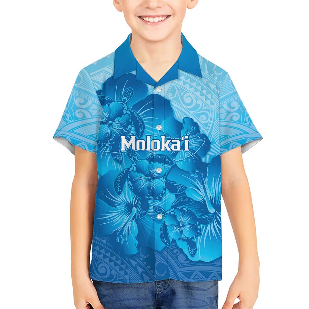 Aloha Hawaii Molokai Island Kid Hawaiian Shirt Hibiscus Tribal Honu Hawaiian Tattoo LT14 Kid Blue - Polynesian Pride