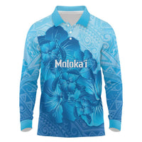 Aloha Hawaii Molokai Island Long Sleeve Polo Shirt Hibiscus Tribal Honu Hawaiian Tattoo LT14 Blue - Polynesian Pride