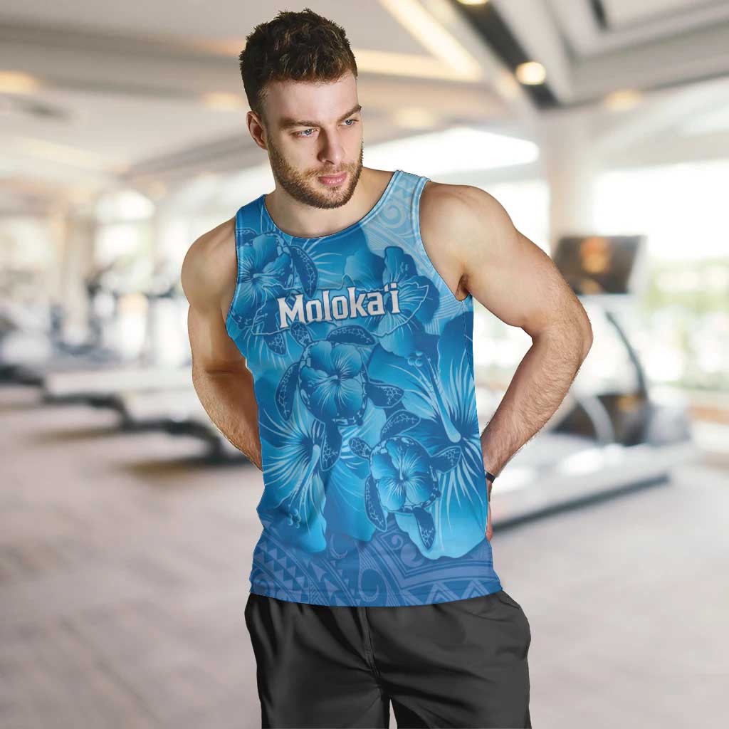 Aloha Hawaii Molokai Island Men Tank Top Hibiscus Tribal Honu Hawaiian Tattoo LT14 Blue - Polynesian Pride