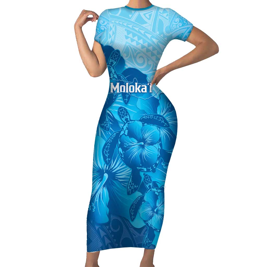 Aloha Hawaii Molokai Island Short Sleeve Bodycon Dress Hibiscus Tribal Honu Hawaiian Tattoo LT14 Long Dress Blue - Polynesian Pride