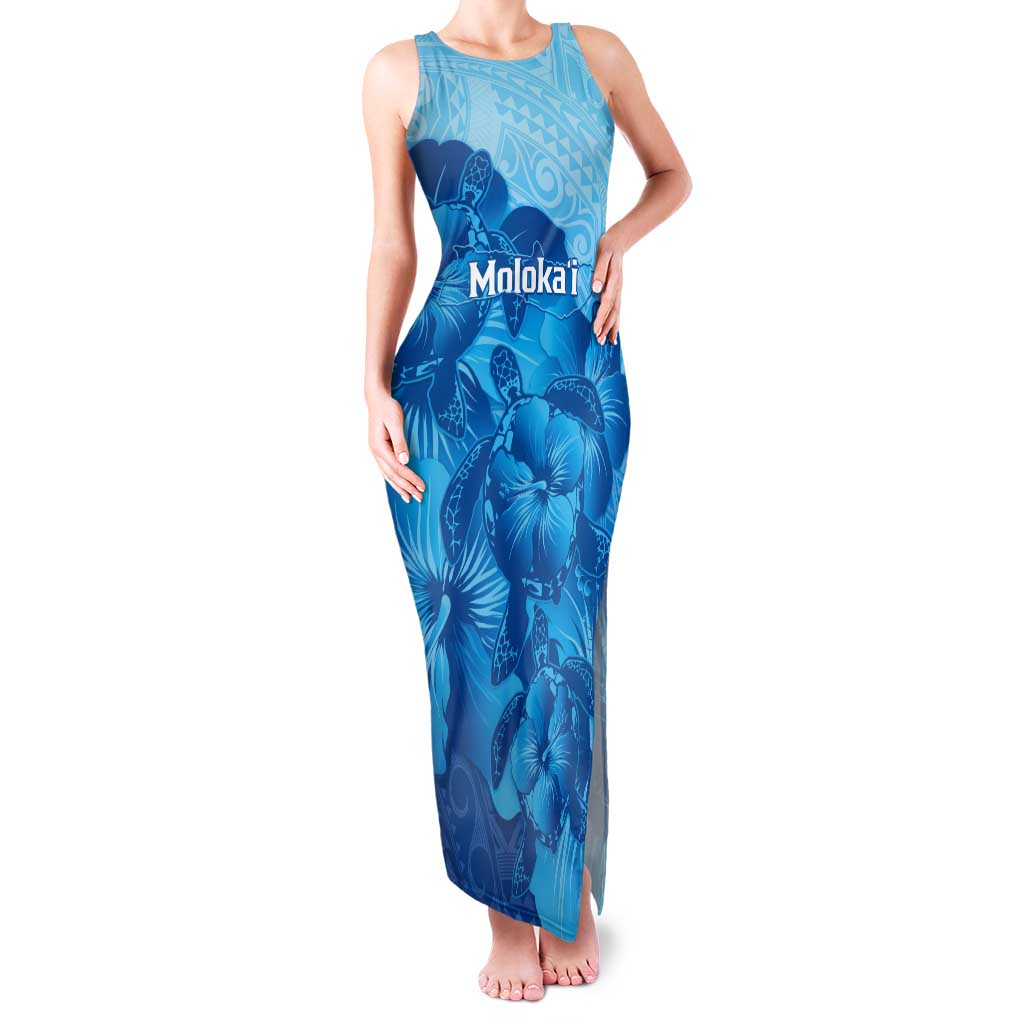 Aloha Hawaii Molokai Island Tank Maxi Dress Hibiscus Tribal Honu Hawaiian Tattoo LT14 Women Blue - Polynesian Pride