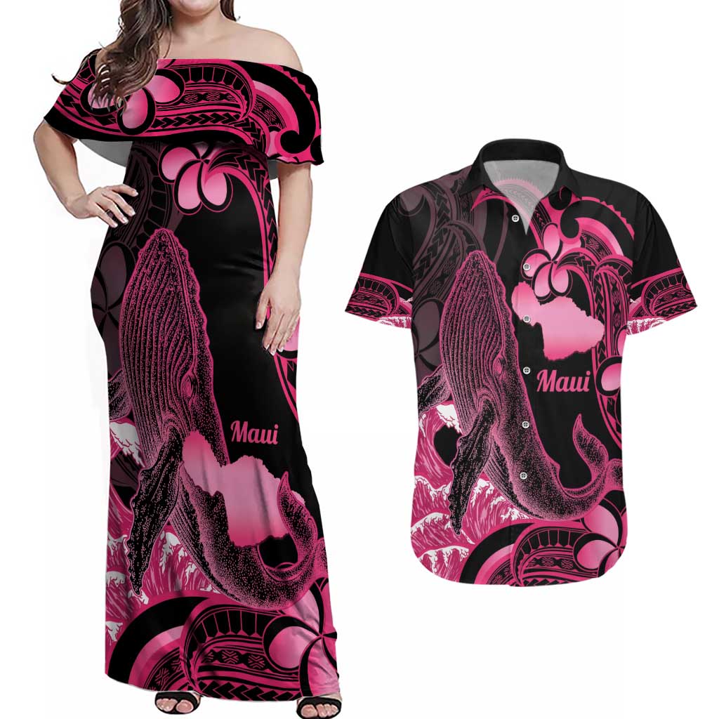 Aloha Hawaii Maui Couples Matching Off Shoulder Maxi Dress and Hawaiian Shirt Valley Isle Humpback Whale Black