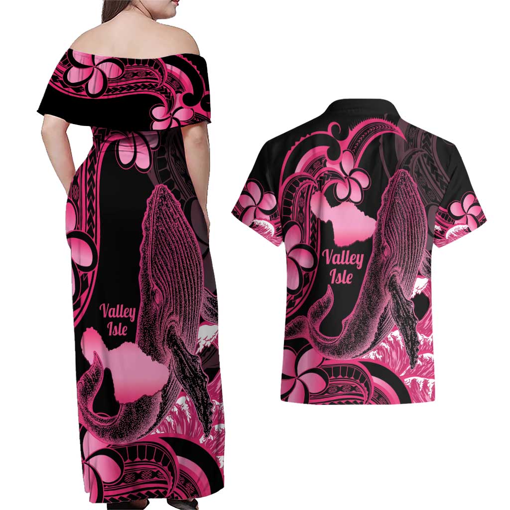 Aloha Hawaii Maui Couples Matching Off Shoulder Maxi Dress and Hawaiian Shirt Valley Isle Humpback Whale Black