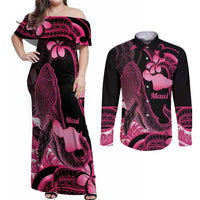 Aloha Hawaii Maui Couples Matching Off Shoulder Maxi Dress and Long Sleeve Button Shirt Valley Isle Humpback Whale Black