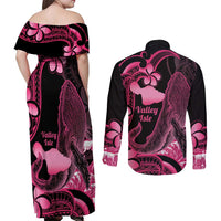 Aloha Hawaii Maui Couples Matching Off Shoulder Maxi Dress and Long Sleeve Button Shirt Valley Isle Humpback Whale Black