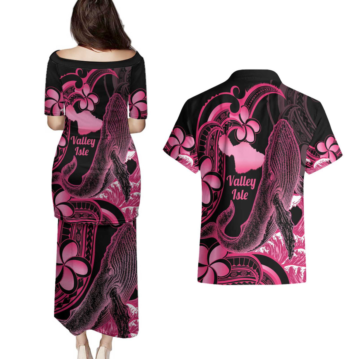 Aloha Hawaii Maui Couples Matching Puletasi and Hawaiian Shirt Valley Isle Humpback Whale Black