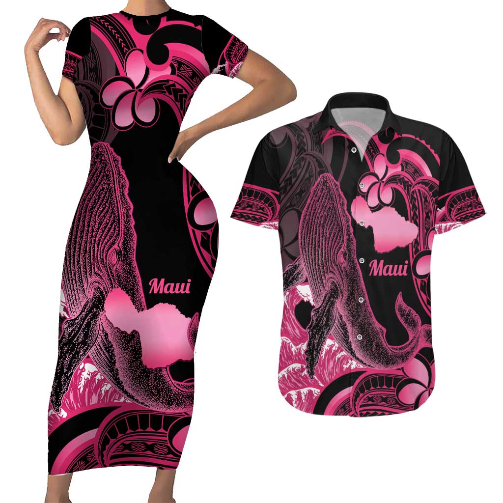 Aloha Hawaii Maui Couples Matching Short Sleeve Bodycon Dress and Hawaiian Shirt Valley Isle Humpback Whale Black