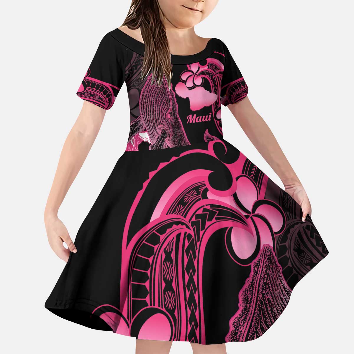 Aloha Hawaii Maui Kid Short Sleeve Dress Valley Isle Humpback Whale Black