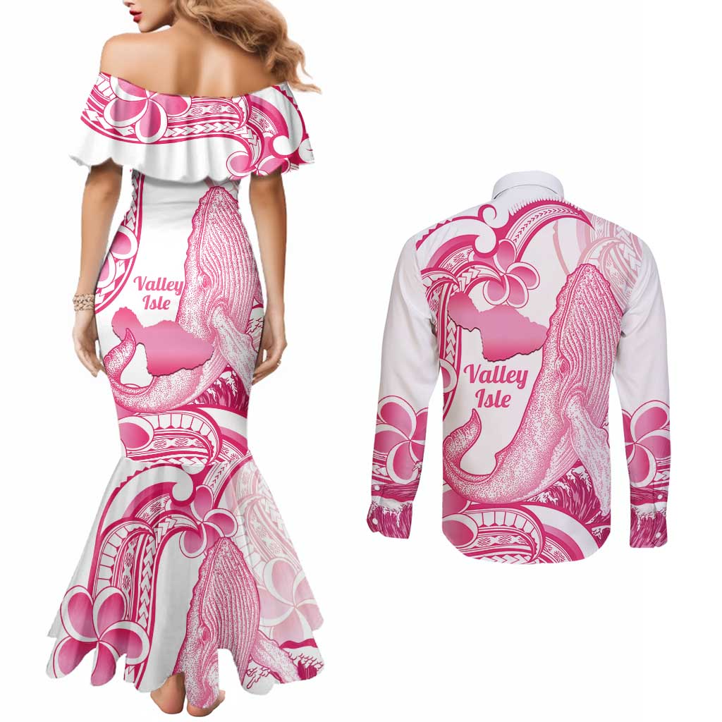 Aloha Hawaii Maui Couples Matching Mermaid Dress and Long Sleeve Button Shirt Valley Isle Humpback Whale White