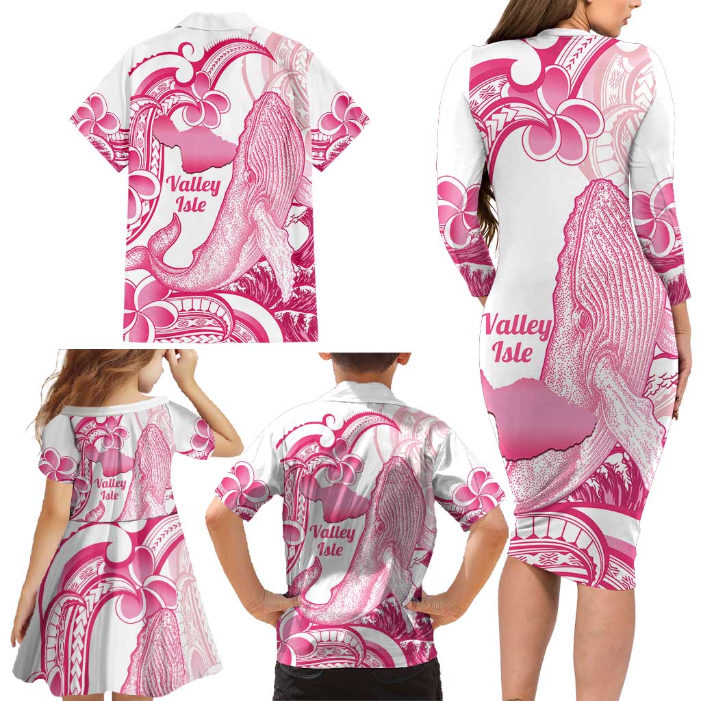 Aloha Hawaii Maui Family Matching Long Sleeve Bodycon Dress and Hawaiian Shirt Valley Isle Humpback Whale White