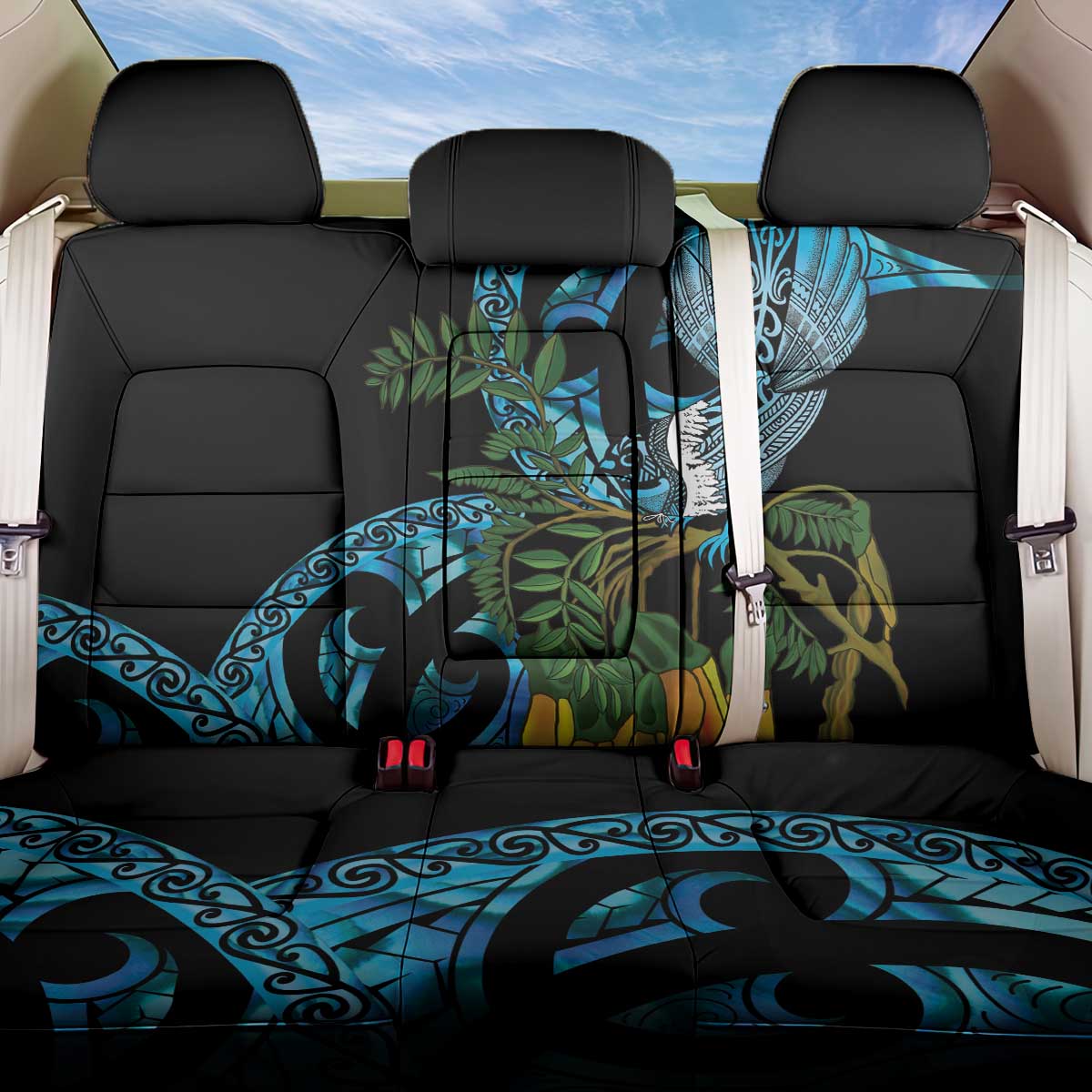 Turquoise New Zealand Kowhai And Piwakawaka Back Car Seat Cover Maori Ngaru Paua Shell LT14 One Size Turquoise - Polynesian Pride