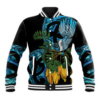 Turquoise New Zealand Kowhai And Piwakawaka Baseball Jacket Maori Ngaru Paua Shell LT14 Unisex Turquoise - Polynesian Pride