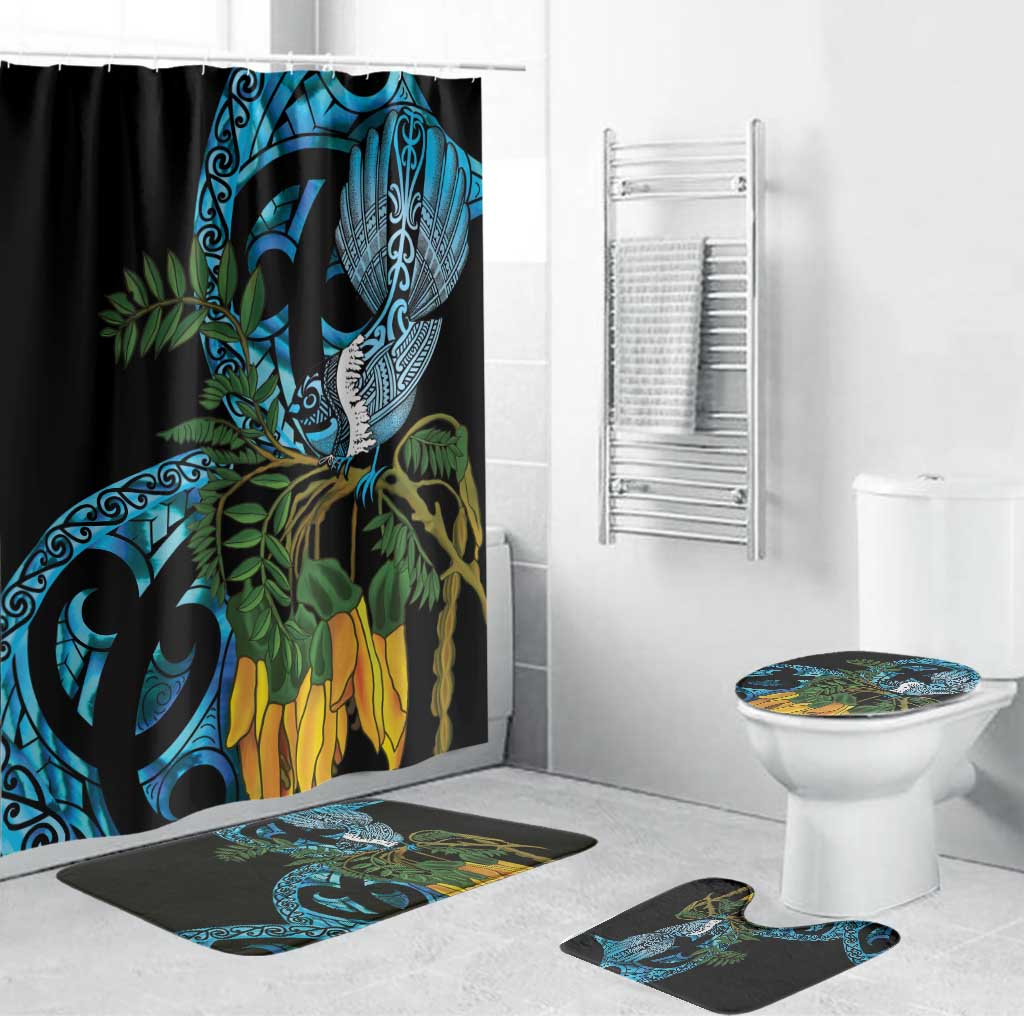 Turquoise New Zealand Kowhai And Piwakawaka Bathroom Set Maori Ngaru Paua Shell LT14 Bathroom Set (4 pcs) Turquoise - Polynesian Pride