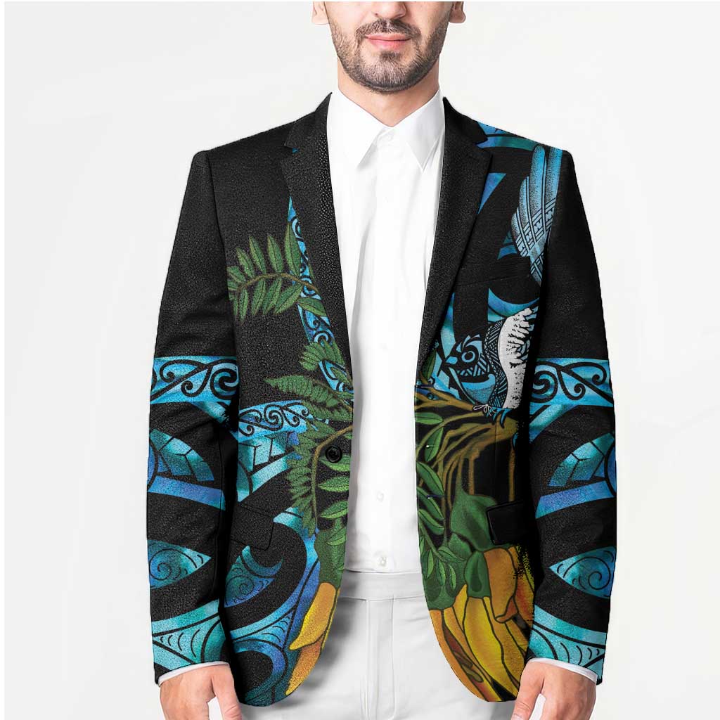 Turquoise New Zealand Kowhai And Piwakawaka Blazer Maori Ngaru Paua Shell LT14 - Polynesian Pride