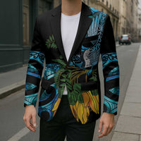 Turquoise New Zealand Kowhai And Piwakawaka Blazer Maori Ngaru Paua Shell LT14 - Polynesian Pride