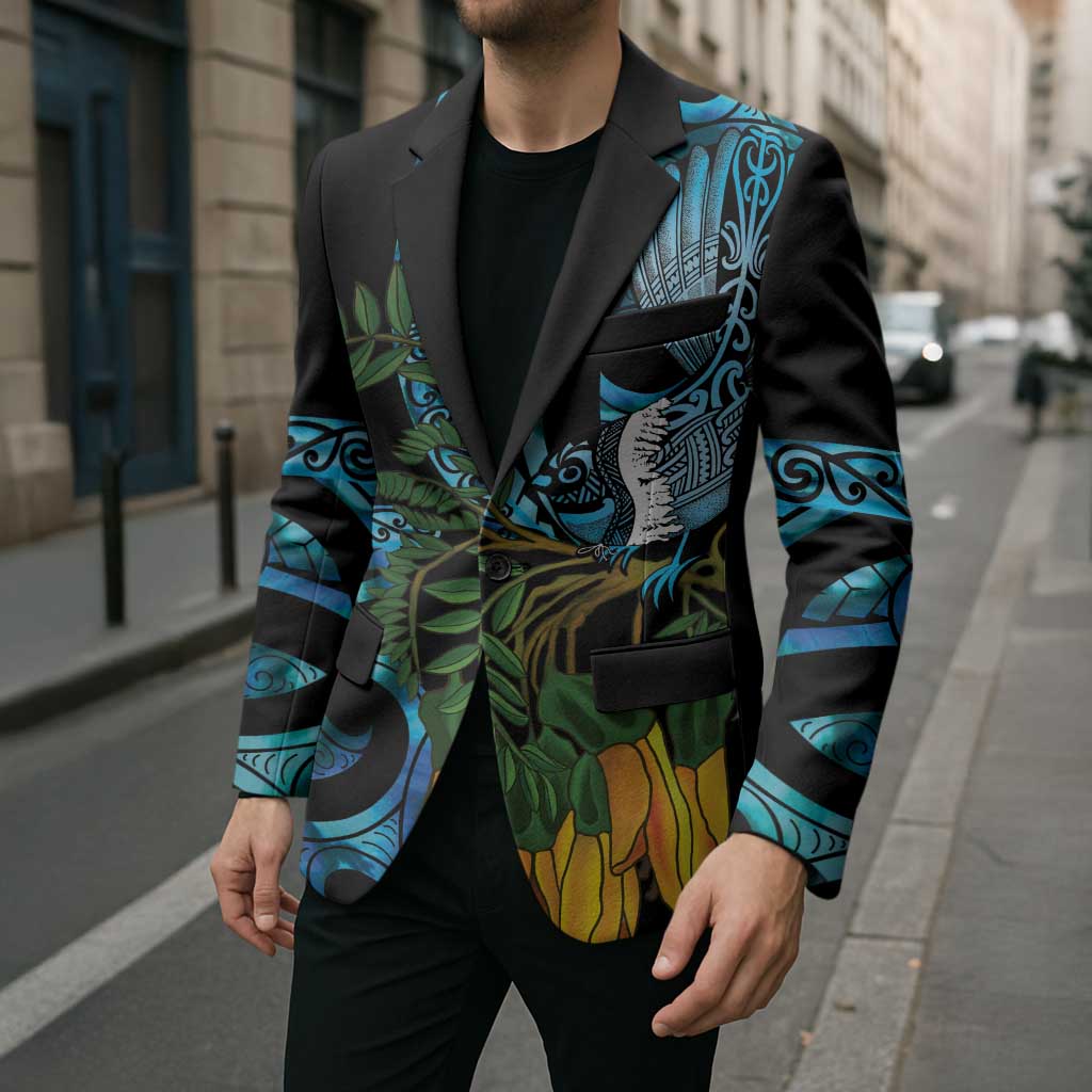 Turquoise New Zealand Kowhai And Piwakawaka Blazer Maori Ngaru Paua Shell LT14 - Polynesian Pride