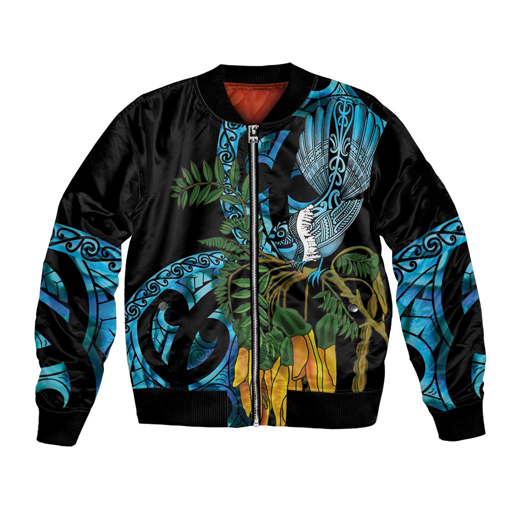 Turquoise New Zealand Kowhai And Piwakawaka Bomber Jacket Maori Ngaru Paua Shell LT14 Unisex Turquoise - Polynesian Pride