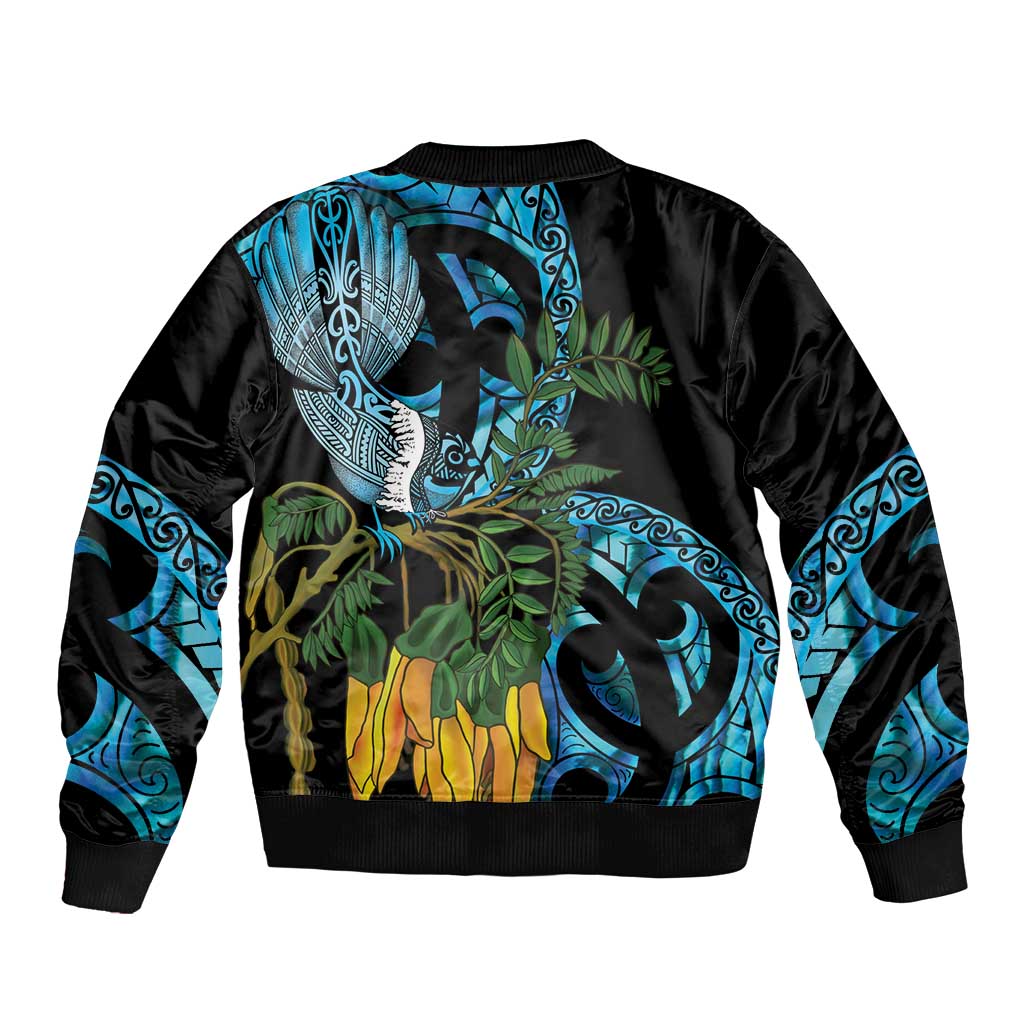 Turquoise New Zealand Kowhai And Piwakawaka Bomber Jacket Maori Ngaru Paua Shell LT14 - Polynesian Pride