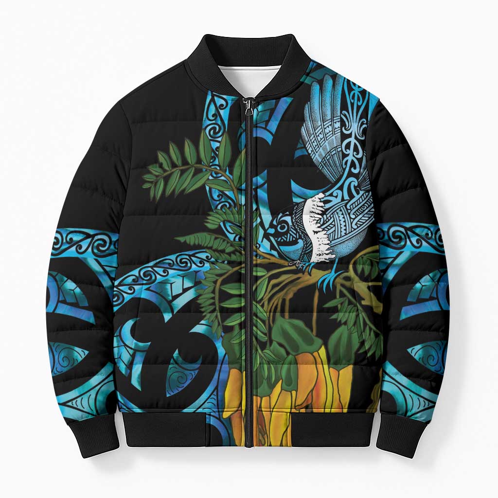 Turquoise New Zealand Kowhai And Piwakawaka Bomber Puffer Jacket Maori Ngaru Paua Shell LT14 Unisex Turquoise - Polynesian Pride