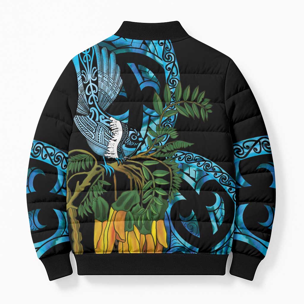 Turquoise New Zealand Kowhai And Piwakawaka Bomber Puffer Jacket Maori Ngaru Paua Shell LT14 - Polynesian Pride