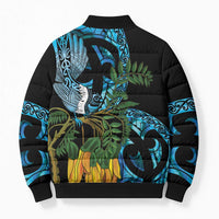 Turquoise New Zealand Kowhai And Piwakawaka Bomber Puffer Jacket Maori Ngaru Paua Shell LT14 - Polynesian Pride