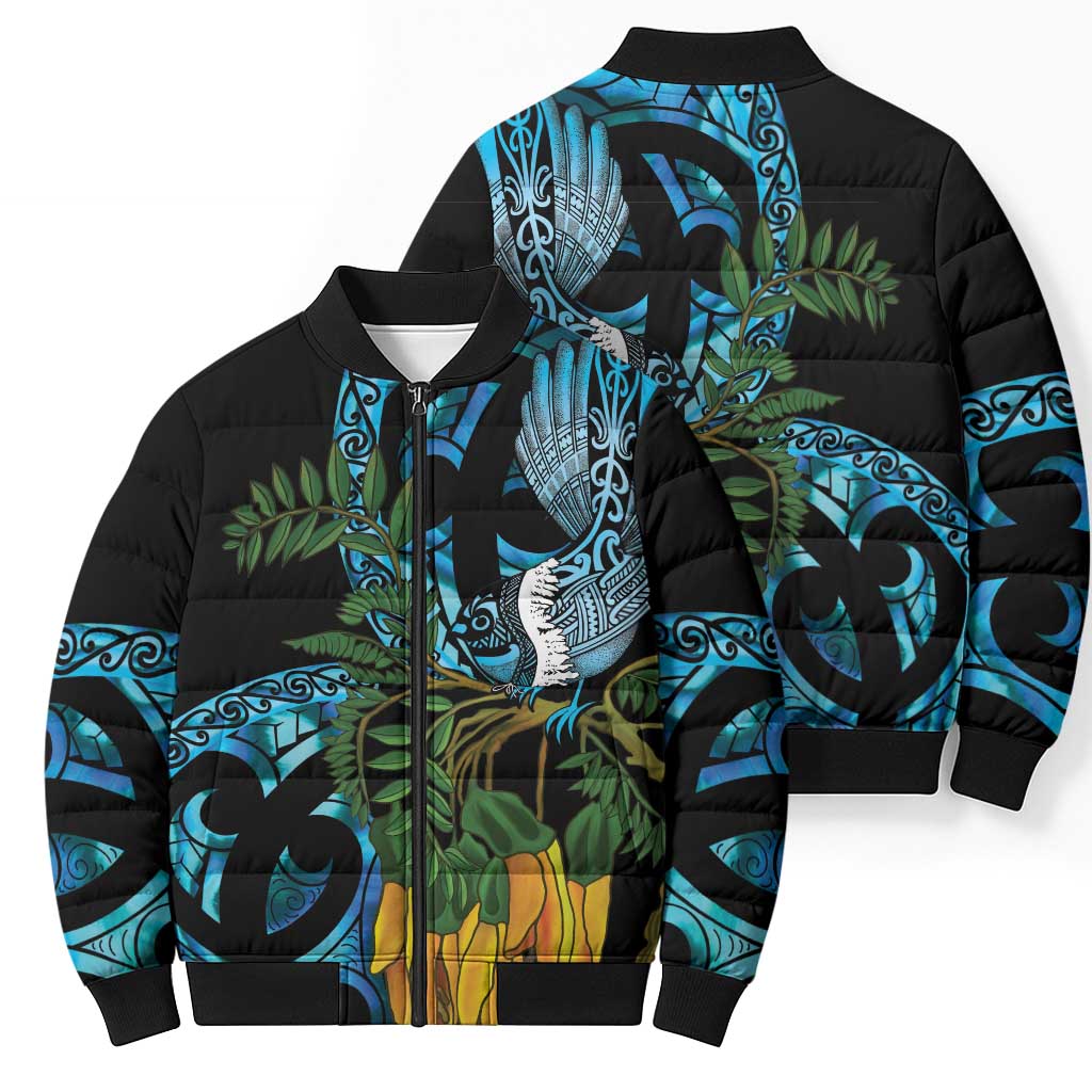 Turquoise New Zealand Kowhai And Piwakawaka Bomber Puffer Jacket Maori Ngaru Paua Shell LT14 - Polynesian Pride