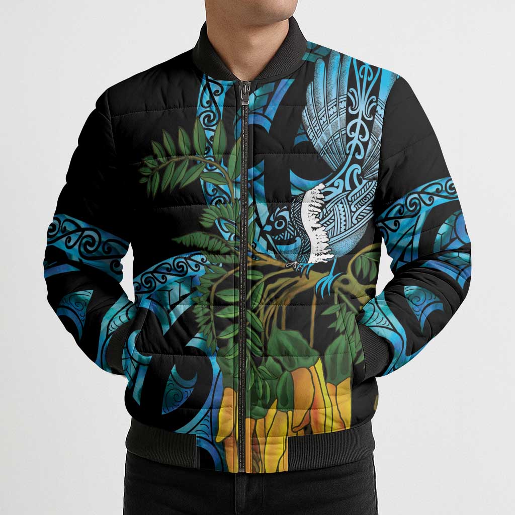 Turquoise New Zealand Kowhai And Piwakawaka Bomber Puffer Jacket Maori Ngaru Paua Shell LT14 - Polynesian Pride