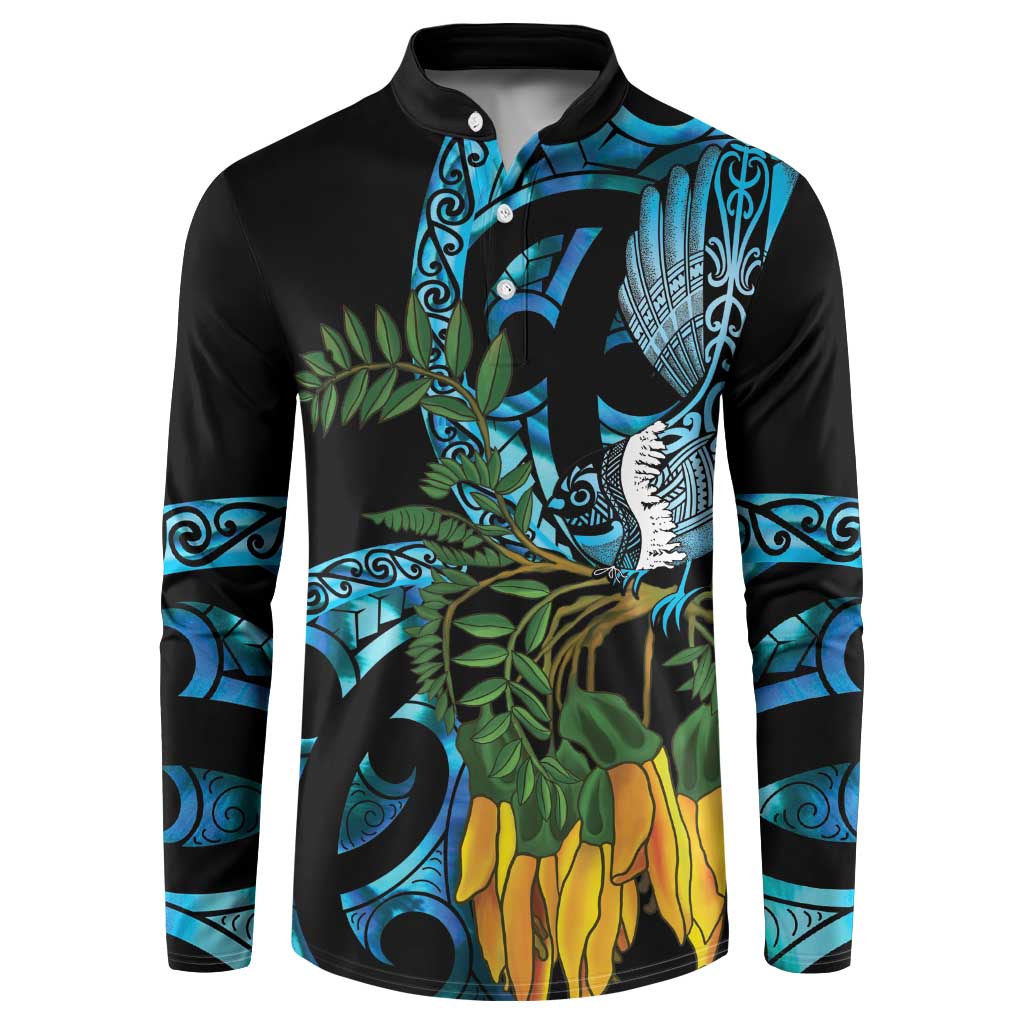 Turquoise New Zealand Kowhai And Piwakawaka Button Sweatshirt Maori Ngaru Paua Shell LT14 Turquoise - Polynesian Pride