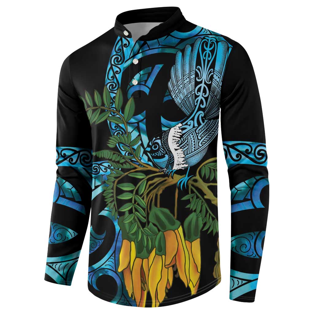 Turquoise New Zealand Kowhai And Piwakawaka Button Sweatshirt Maori Ngaru Paua Shell LT14 - Polynesian Pride