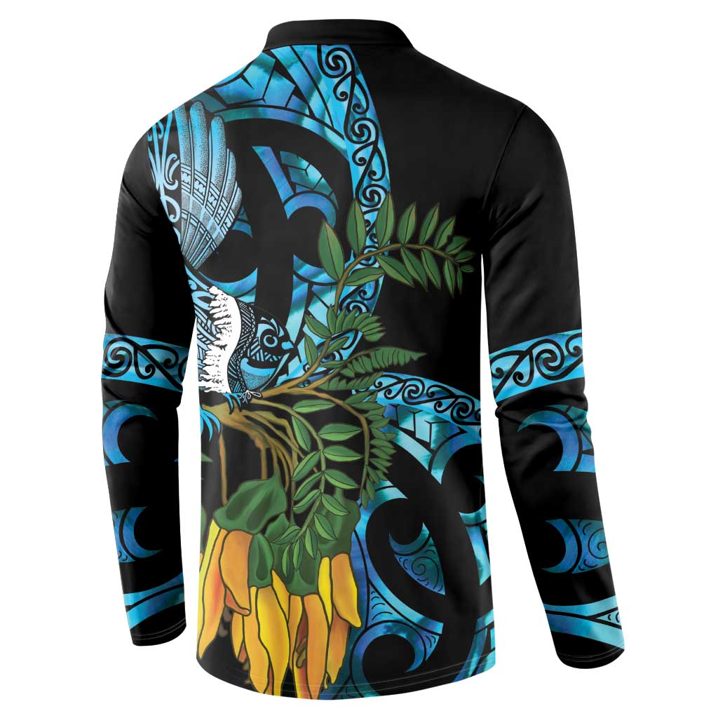 Turquoise New Zealand Kowhai And Piwakawaka Button Sweatshirt Maori Ngaru Paua Shell LT14 - Polynesian Pride