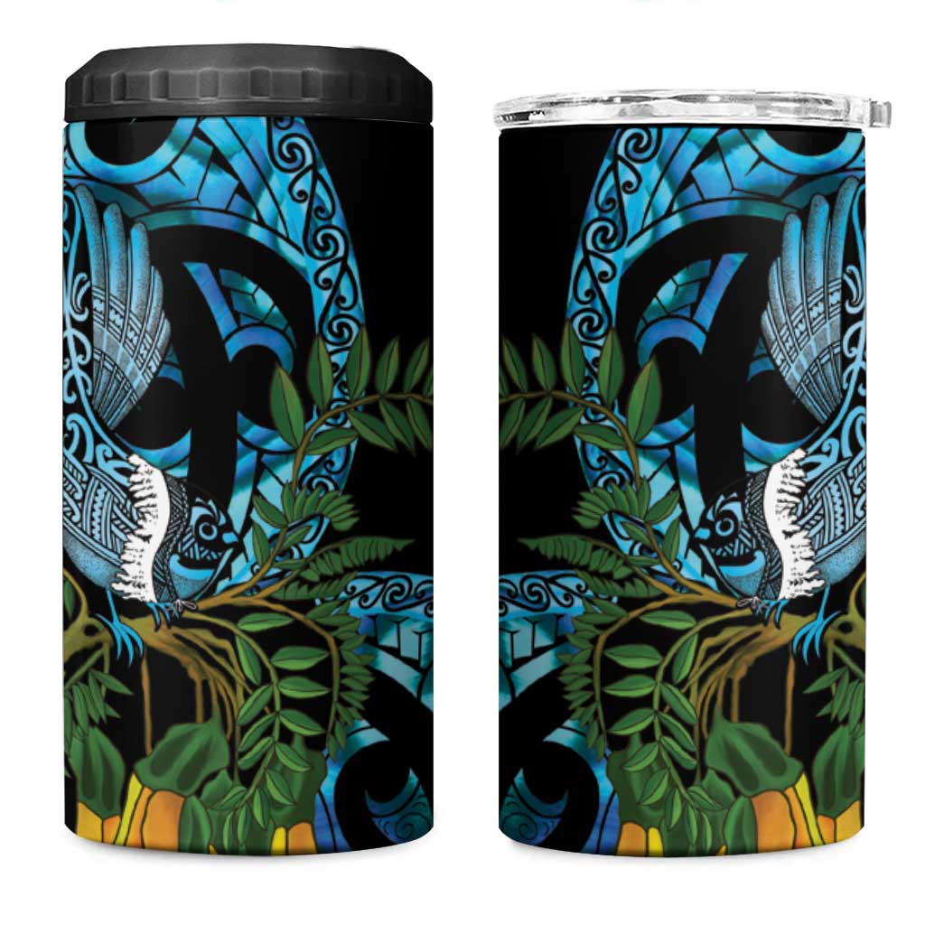 Turquoise New Zealand Kowhai And Piwakawaka 4 in 1 Can Cooler Tumbler Maori Ngaru Paua Shell LT14 One Size: 16 oz Turquoise - Polynesian Pride