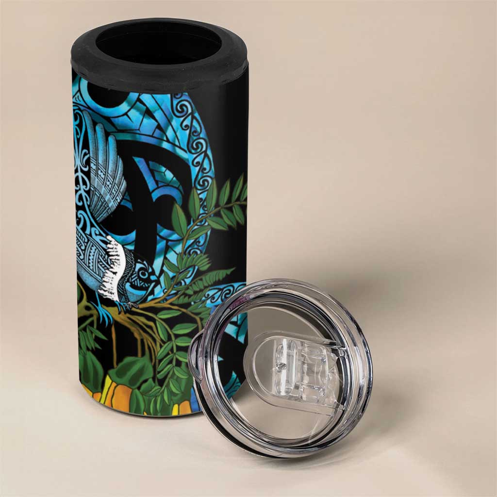 Turquoise New Zealand Kowhai And Piwakawaka 4 in 1 Can Cooler Tumbler Maori Ngaru Paua Shell LT14 - Polynesian Pride